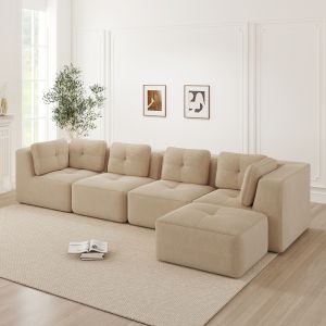 Sofá en l modular pana beige 4 plazas asiento profundo antideslizante