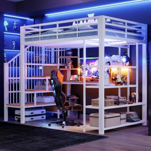 Cama alta de metal 140x200cm con escritorio, LED y enchufe eu, blanca