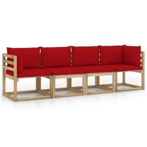 vidaXL sofá de jardín de 4 plazas con cojines rojos