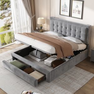 Cama tapizada 140x200cm con canapé y cajones terciopelo – gris