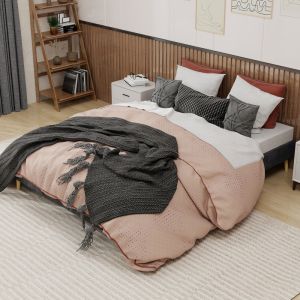 Cama tapizada 160x200 cm con cabecero geométrico y lamas metálicas – gris