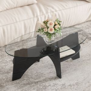 Mesa de centro ovalada cristal y mdf negro transparente 35,6x104,9x60cm