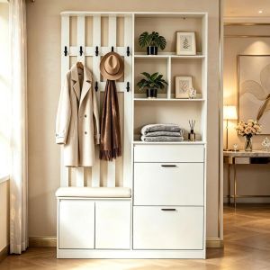 Mueble recibidor con banco 2 zapateros 1 cajón blanco 200x120x30cm