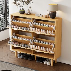Zapatero con 4 compartimentos abatibles ratán roble claro 90x100x25cm