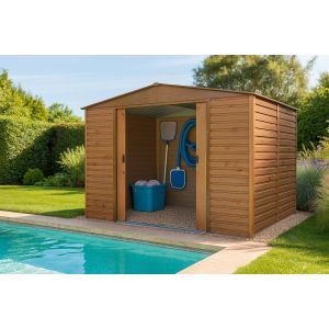Caseta cobertizo metal jardin alpine 10x8 imitacion madera duramax marron