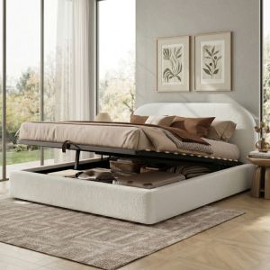Cama tapizada 160x200cm con almacenaje hidráulico y cabecero bouclé