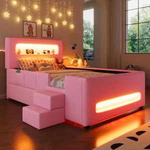 Cama plataforma tapizada 90x200cm con escalera cajones LED usb rosa