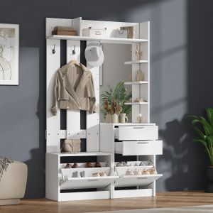 Armario recibidor con espejo y zapatero 2 cajones blanco 185x110x34cm