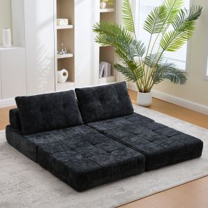 Sofá cama plegable de chenilla negro 1 plaza cojín de cabeza y de lumbar