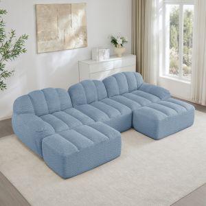 Sofá modular en u azul 3 plazas 2 otomanas tejido suave