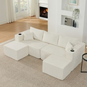 Sofá en l modular 3 plazas pana beige con portavasos y cojines