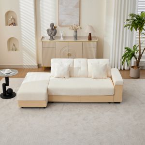 Sofá cama chenilla beige 3 plazas con almacenaje y portavasos