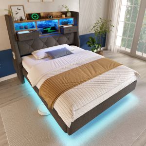Cama tapizada 90x200cm con LED y usb, cabecero con almacenaje, lino – gris