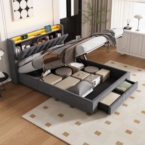 Cama 140x190cm canapé hidráulico cajón LED enchufe cabecero reversible gris