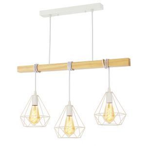 Lámpara coLGante con 3 luces  madera y metal con pantallas de jaula en blan