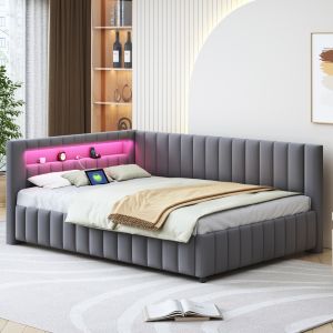 Sofá cama tapizado 140x200cm con LED y usb terciopelo – gris