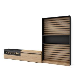 Muebles salón, 310x35x186cm, roble y negro, chimenea eléctrica rf2865