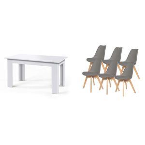 Pack mesa fija de comedor o cocina blanco + 6 sillas nordic gris