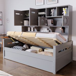 Cama individual 90x200cm con almacenaje hidráulico madera – color gris