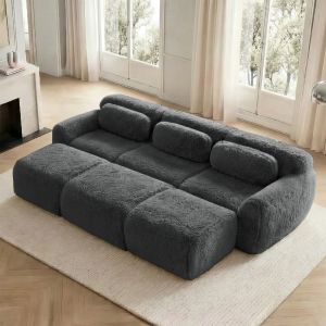 Sofá modular gris de felpa 3 plazas con 3 otomanas sin montaje