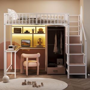 Cama alta metal 140x200 blanca con armario, escritorio y LED usb