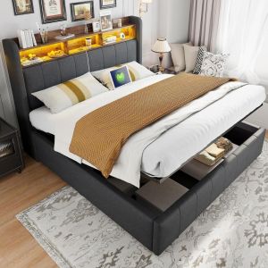 Cama canapé 160x200cm LED rgb usb-c, cabecero con almacenaje gris