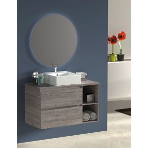 Mueble de Baño ZEUS con lavabo y espejo redondo LED Roble Smoky 80 cm Estante izquierda