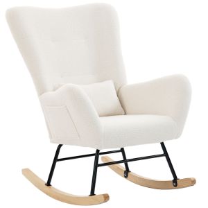 Silla mecedora terciopelo de teddy, madera de caucho color beige