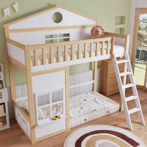 Litera 90x200cm con escalera y barandilla, madera y mdf – blanco y natural