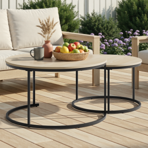 Set 2 mesas de centro nido redondas madera roble y metal negro 45x80x80cm