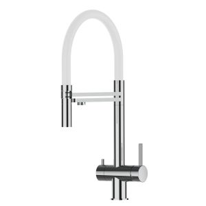 Grifo de cocina 4 vías acero inox ducha 2 chorros, pulido/blanco