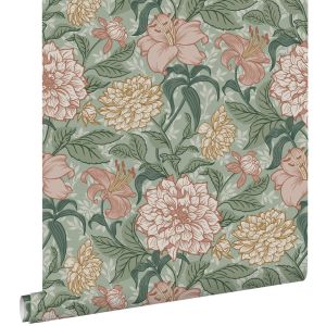 Estahome papel pintado flores vintage verde y rosa viejo 53 cm x 10.05 m