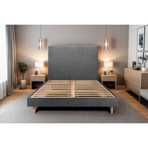 Cama 160x200 cm con cabecero tapizado - tejido lienzo mate - negro
