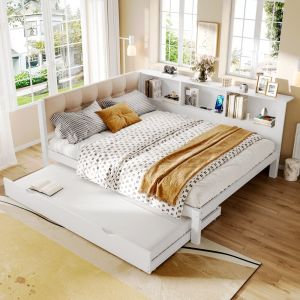 Cama nido 140x200cm con LED, usb y estante madera – blanco