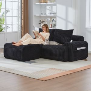 Sofá modular 2 plazas pana negro con reposapiés, portavasos y bolsillo