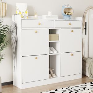 Zapatero para recibidor 4 puertas abatibles 2 cajones blanco 100x110x26cm