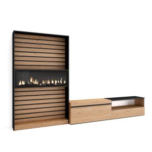 Muebles salón, 310x35x186cm, roble y negro, chimenea eléctrica xxl rf2859