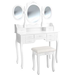 Tocador estilo clásico, 7 cajones, espejo y taburete acolchado, gris