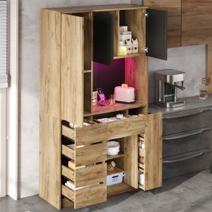 Armario alto cocina estantes ajustables LED negro natural 185x105x40cm