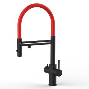 Grifo de cocina 5 vías acero inox ducha 2 chorros amovible, negro / rojo