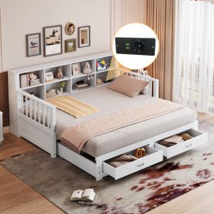 Cama nido 90/180x190cm con enchufe y cajones madera – blanco