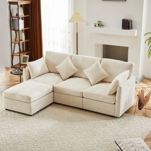 Sofá en l con otomana chenilla beige 4 plazas con cojines