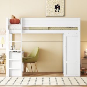 Cama alta infantil 90x200cm con armario, escritorio, cajones, blanco