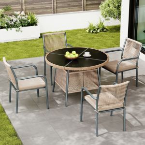Conjunto mesa de jardín ratán sintético gris 4 sillones vidrio templado
