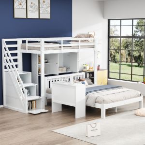 Litera 90/140x200cm con escalera de almacenaje y estantes madera – blanco
