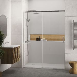 Mampara frontal + puerta corredera 160  cm muse cromado transparente