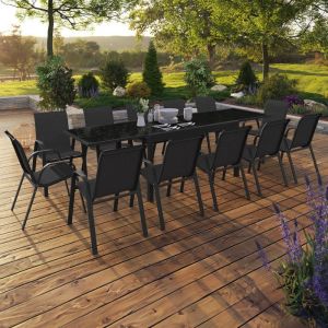 Conjunto de jardín extensible negro con 12 sillas - 270 cm