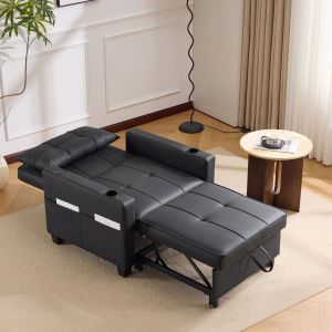 Sofá cama individual 3 en 1 negro usb portavasos