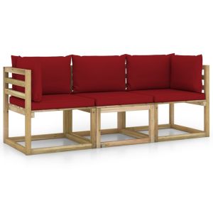 vidaXL sofá de jardín de 3 plazas con cojines rojo tinto