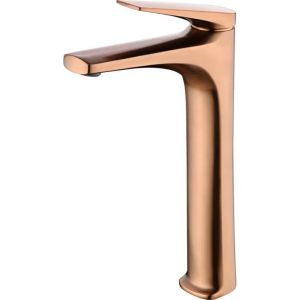 Grifo monomando con caño alto para lavabo de latón oro rosa cepillado